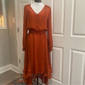 NWT Nanette Lepore Women's Rust Orange Long Sleeve V-Neck hi low dress size 10